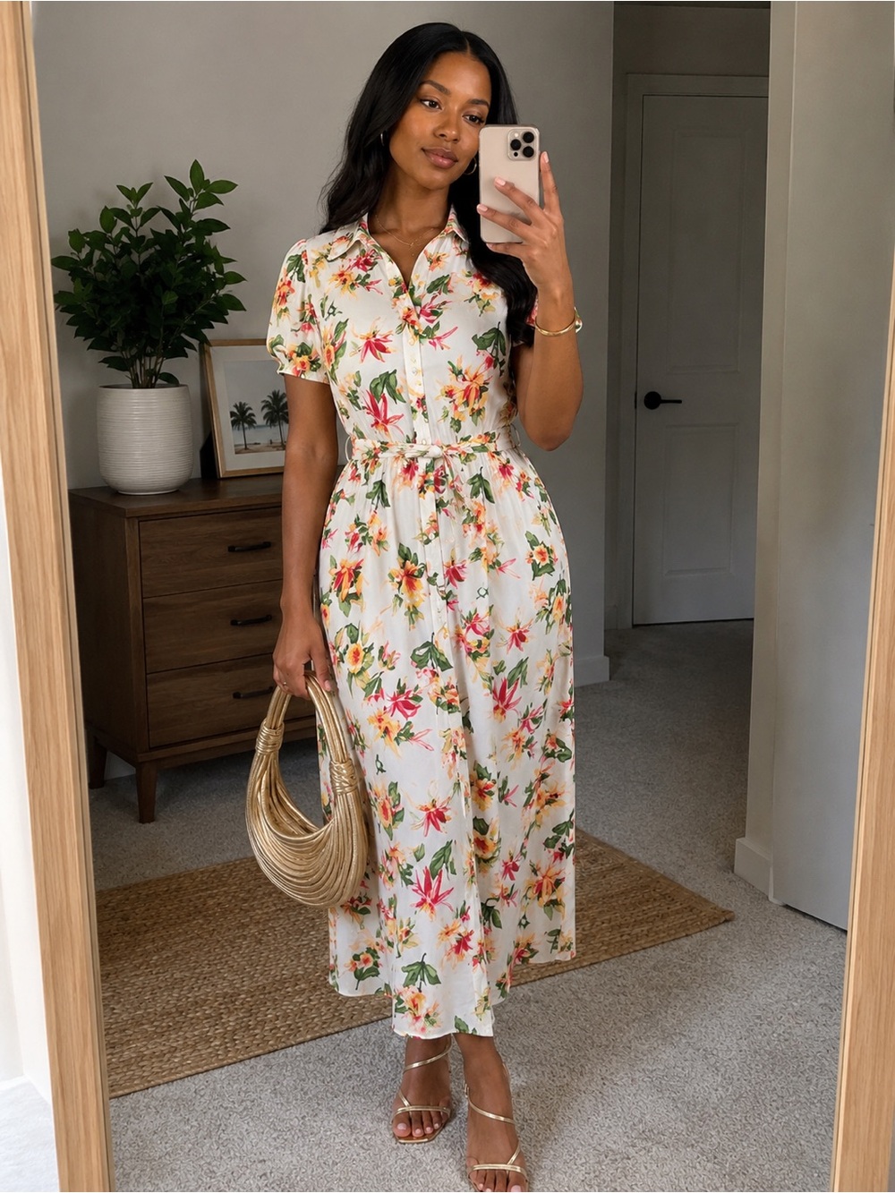 White Floral Button-Front Midi Dress with Tie Waist